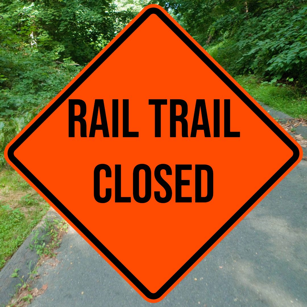 Square depicting the bike path as a background with an orange square saying Rail Trail Closed