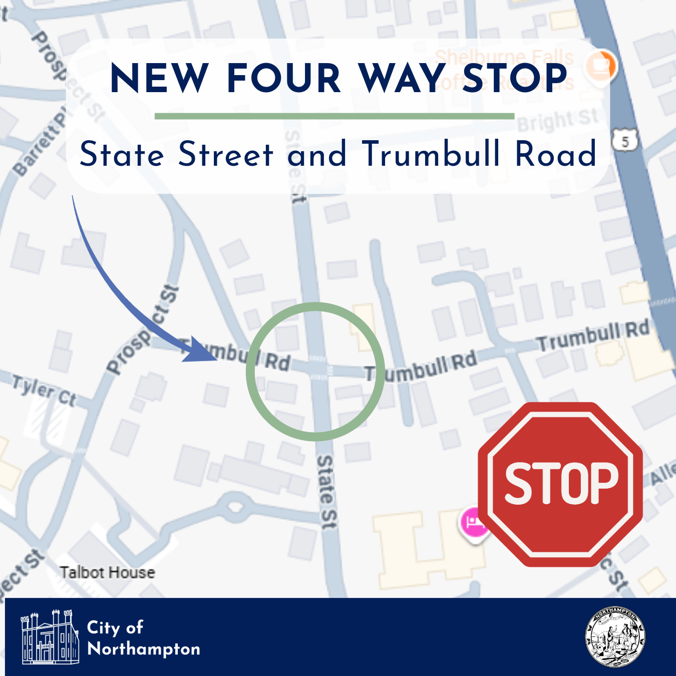 Trumbull and State Four Way Stop map screenshot with text