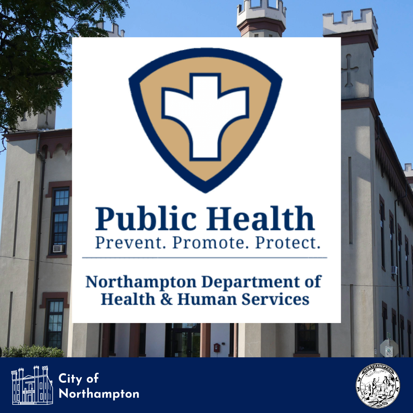 Image of City Hall with DHHS logo in front of it